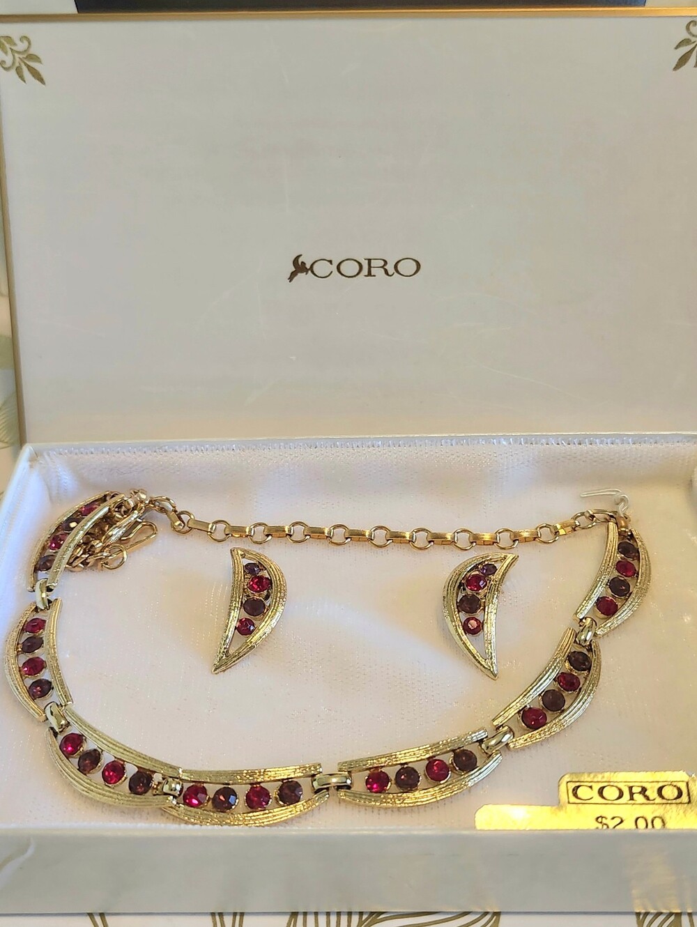 Vintage Coro Red Rhinestone Choker Necklace & Earrings In Original Box - Picture 2 of 4